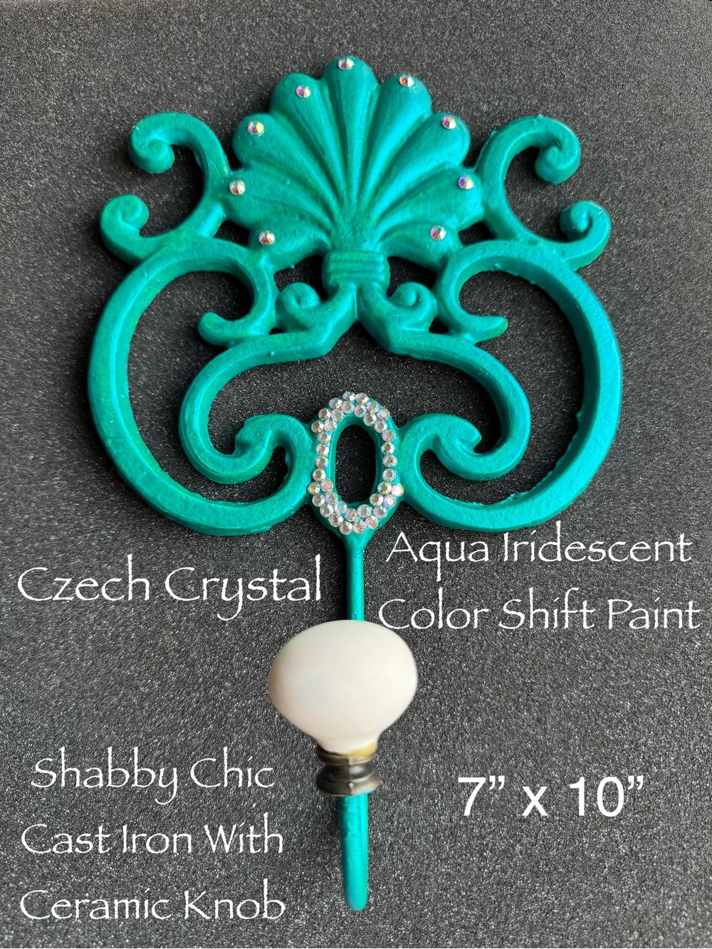Shabby Chic Aqua Iridescent Cast Iron Wall Hook with White Ceramic Knob